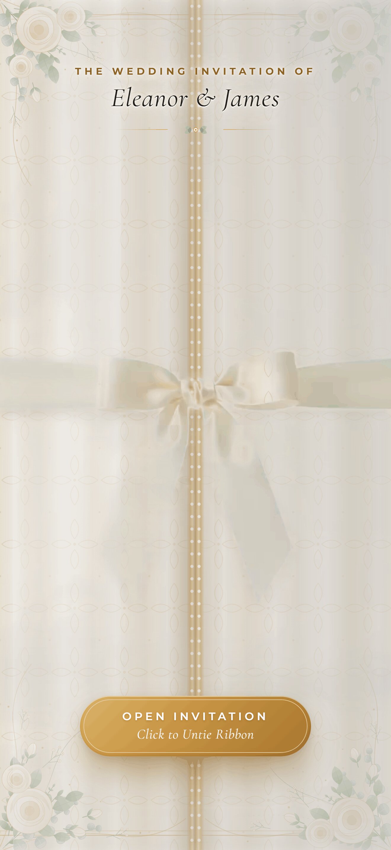 Ivory Romance invitation opening screen with a satin ribbon and an Open Invitation button